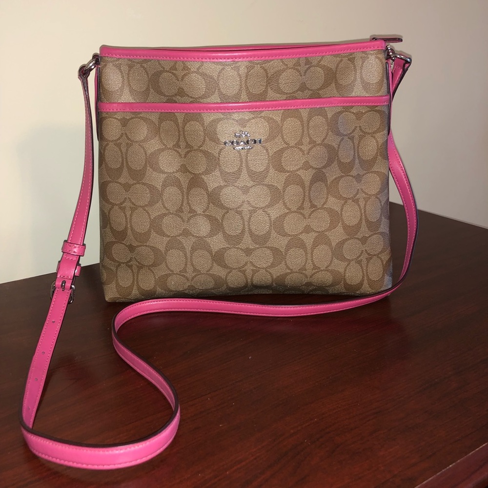 Coach signature crossbody messenger bag, tan with pink trim